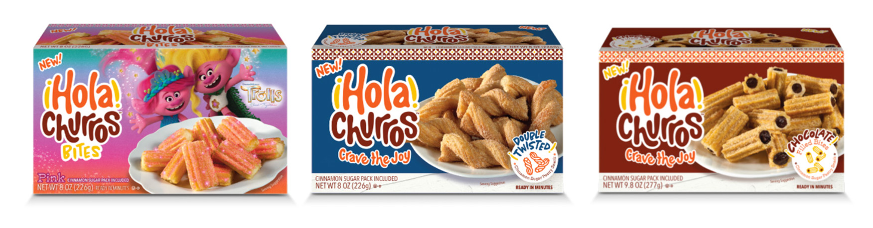 Three SKUs are available from the ¡Hola! Churros line, including one in partnership with Trolls® cartoons.